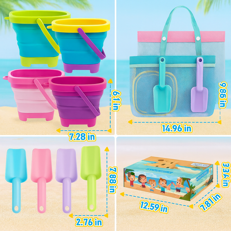 Collapsible Beach Bucket & Shovel Set with Mesh Bag – Foldable Sand Toys for Kids, Toddlers & Travel (4 Buckets)