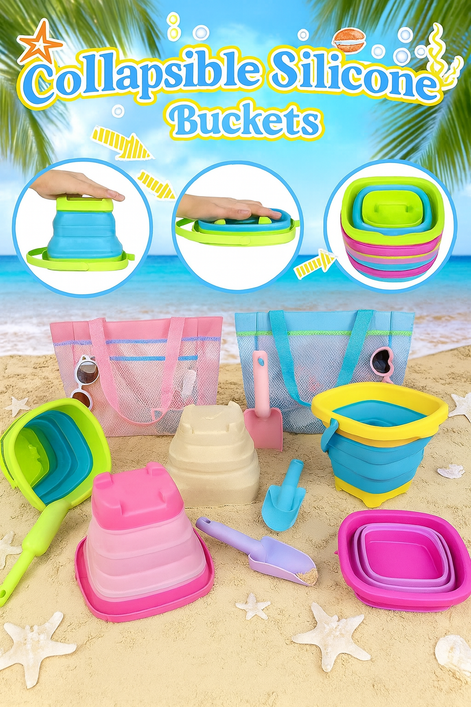 Collapsible Beach Bucket & Shovel Set with Mesh Bag – Foldable Sand Toys for Kids, Toddlers & Travel (4 Buckets)