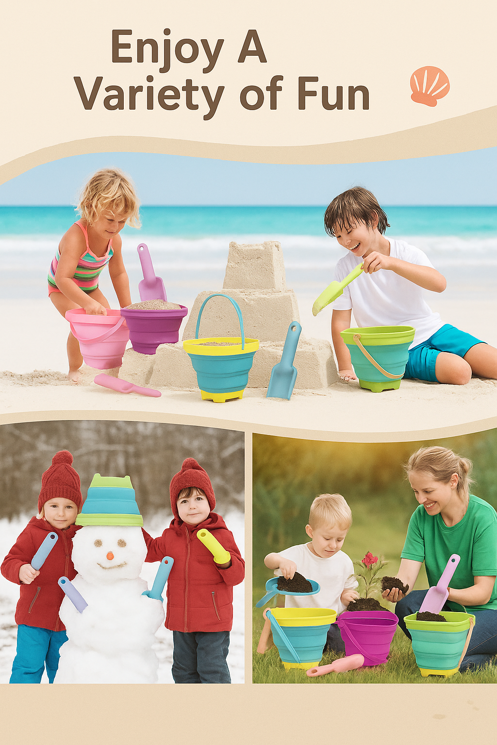 Collapsible Beach Bucket & Shovel Set with Mesh Bag – Foldable Sand Toys for Kids, Toddlers & Travel (4 Buckets)