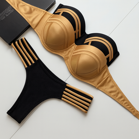 Gold & Black Bandeau Bikini - Sculpted Style for Confident Women by Wave & Hang