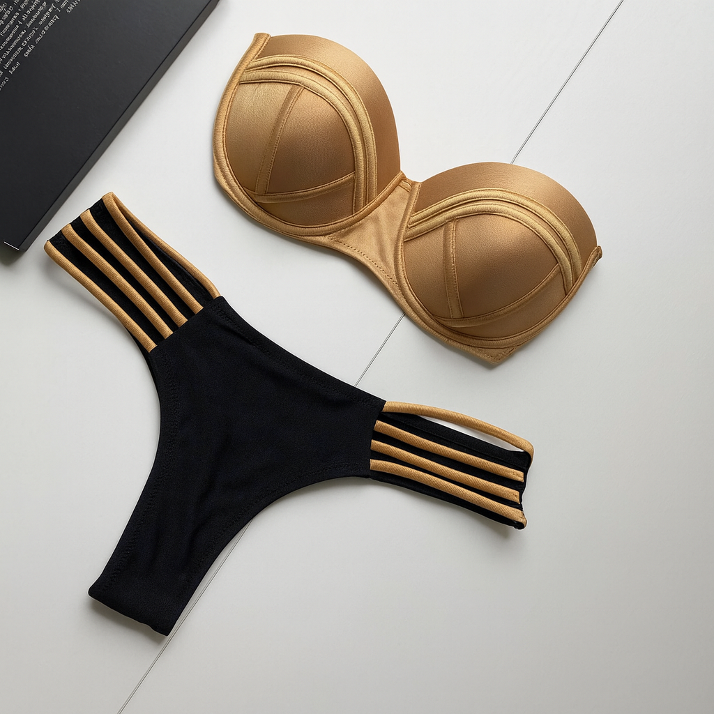 Gold & Black Bandeau Bikini - Sculpted Style for Confident Women by Wave & Hang