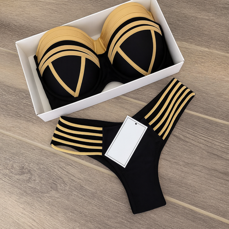 Gold & Black Bandeau Bikini - Sculpted Style for Confident Women by Wave & Hang
