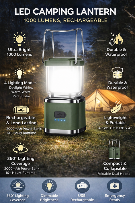 iToncs LED Camping Lantern - 1000 Lumens, Waterproof & Rechargeable