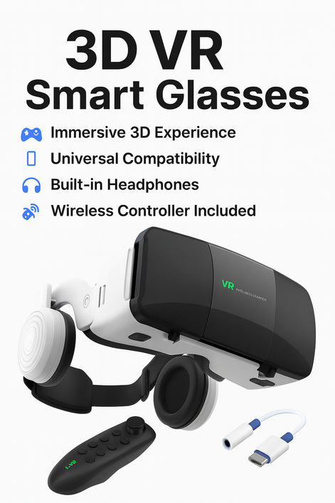 3D VR Smart Glasses – Virtual Reality Headset with Controller & Headphones for iPhone & Android (4.7–7.8”) | HD Eye-Protected 90° FOV VR Goggles