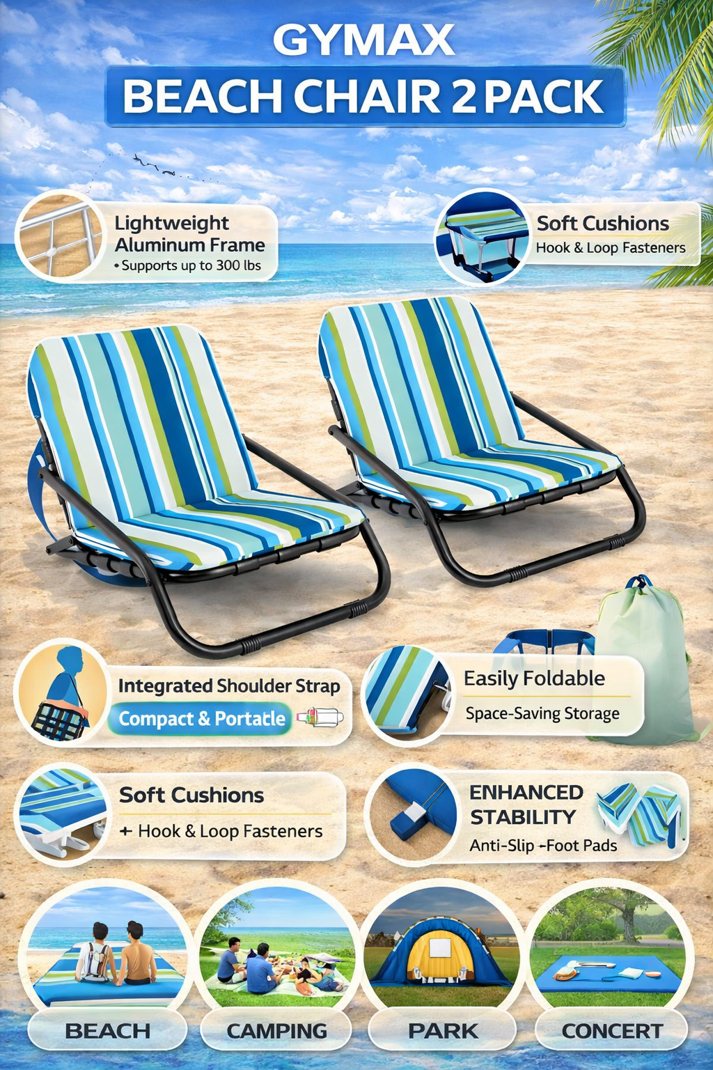 GYMAX Beach Chair 2 Pack - Heavy Duty with Removable Cushions