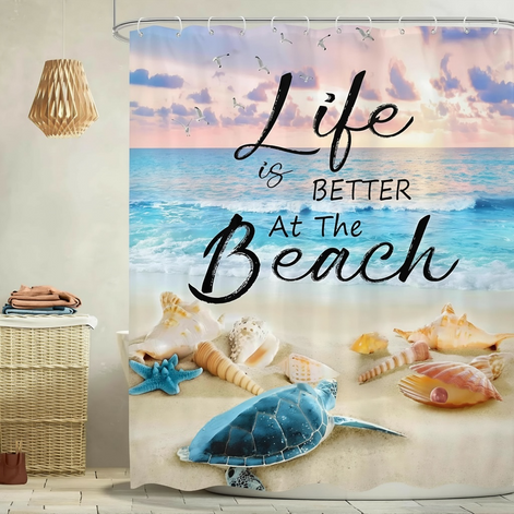 Omifly Ocean Beach Shower Curtain - Inspirational Sea Turtle Design