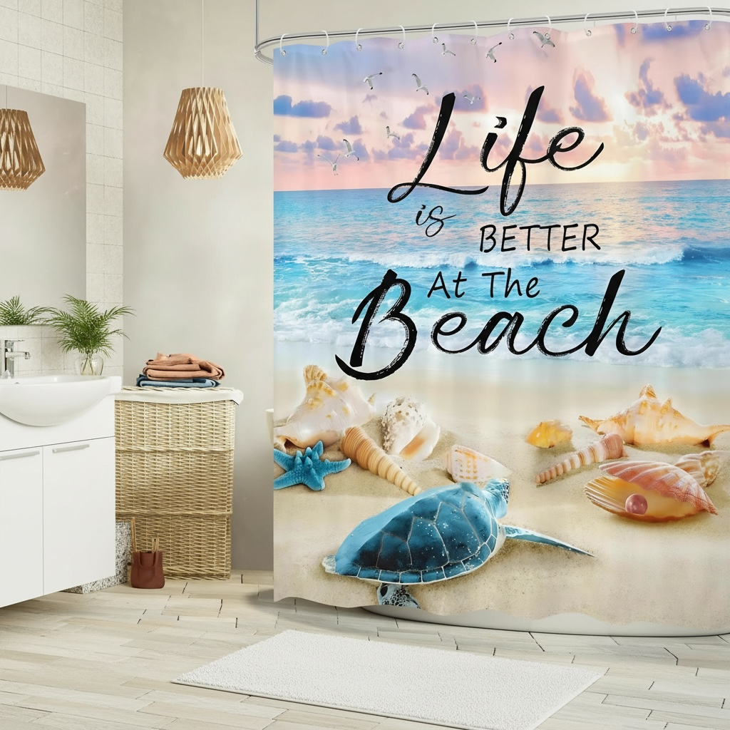 Omifly Ocean Beach Shower Curtain - Inspirational Sea Turtle Design