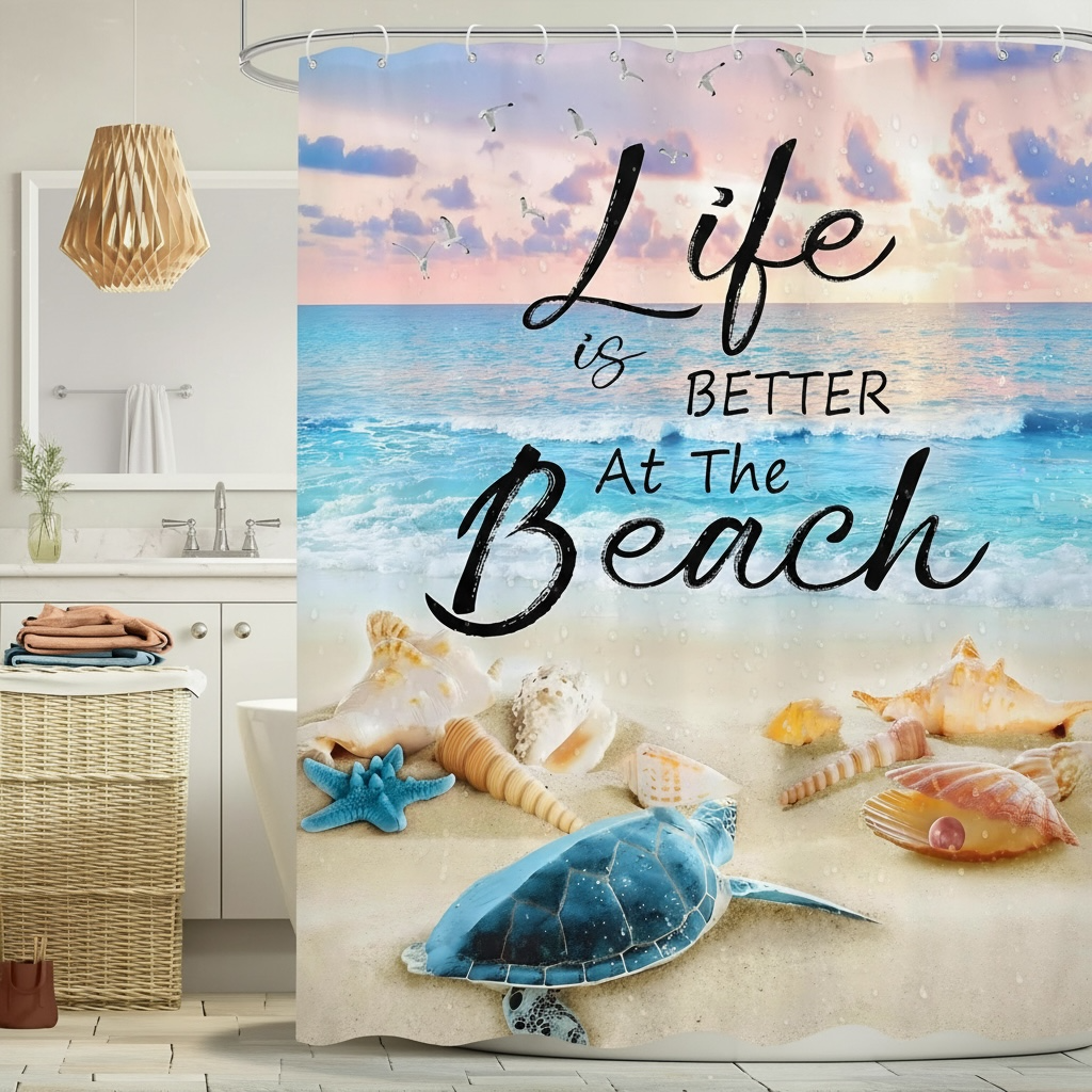 Omifly Ocean Beach Shower Curtain - Inspirational Sea Turtle Design