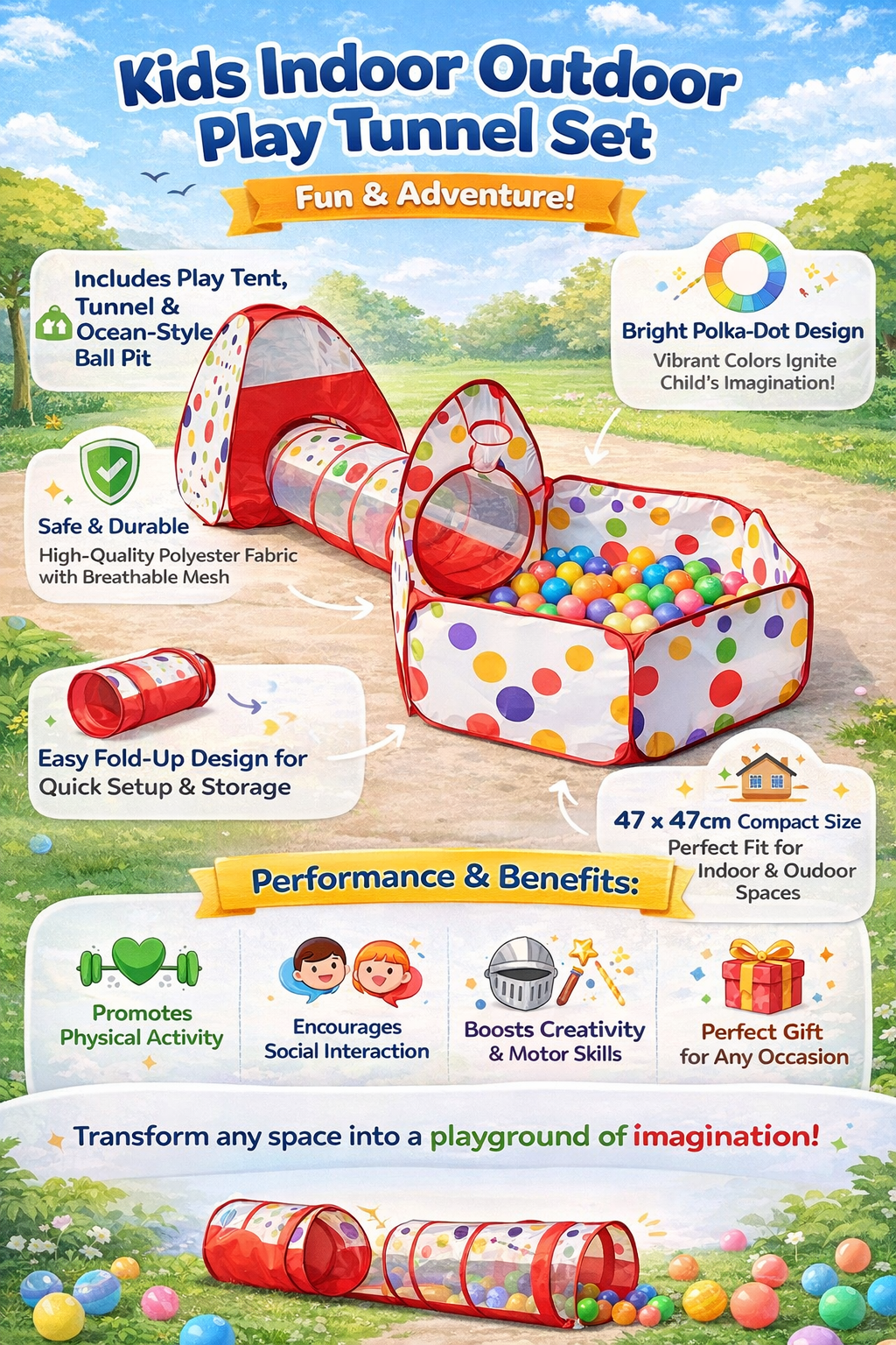 Kids Playzone - Indoor Outdoor Tunnel Set for Imaginative Fun