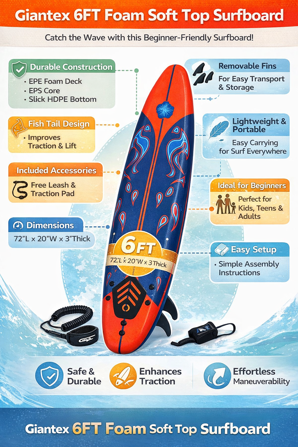 Giantex 6ft Foam Surfboard - Beginner-Friendly with Removable Fins