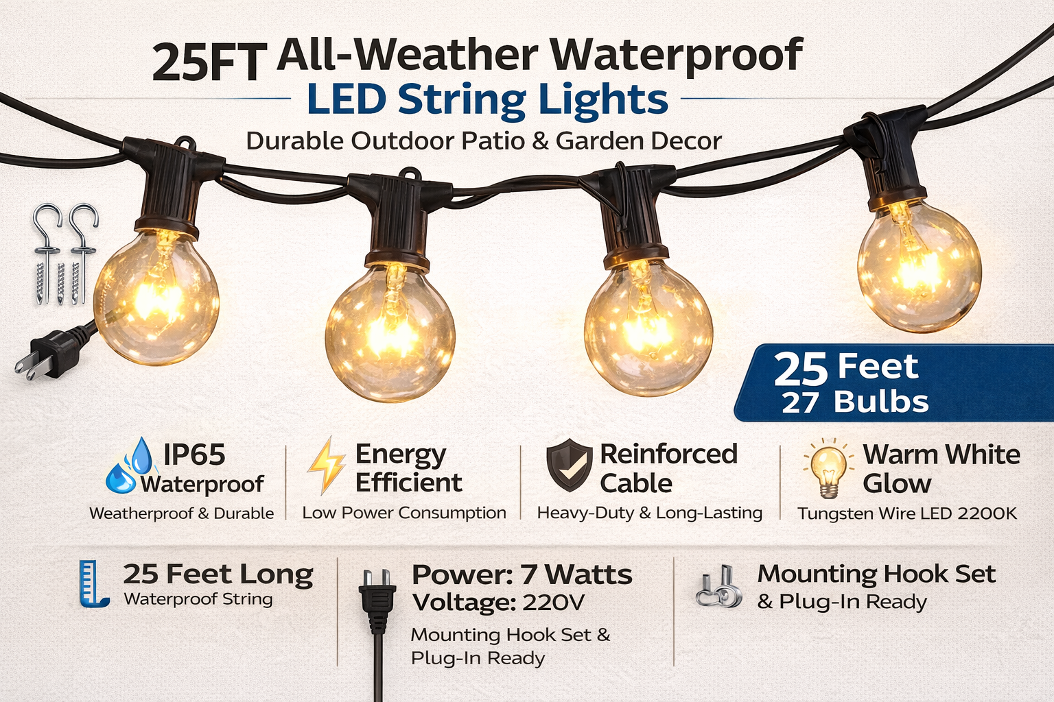 25FT All-Weather Waterproof LED String Lights – Durable Outdoor Patio & Garden Decor