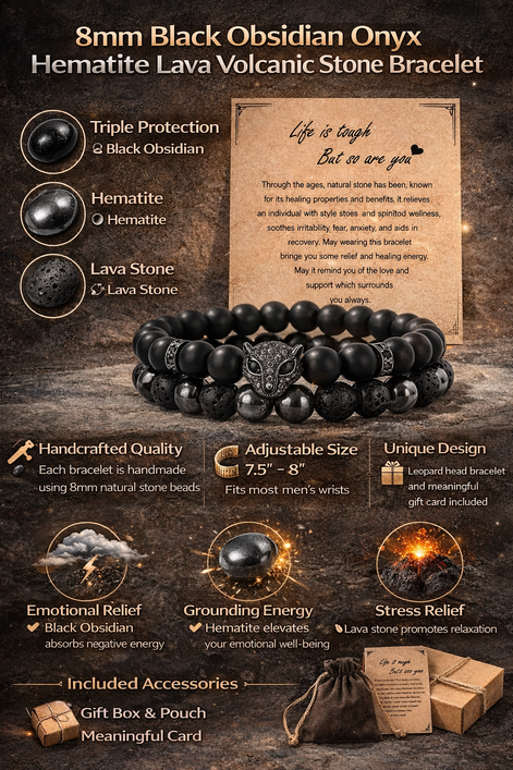 Black Obsidian Men's Bracelet with Leopard Head & Triple Protection