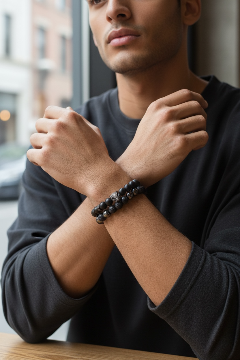 Black Obsidian Men's Bracelet with Leopard Head & Triple Protection