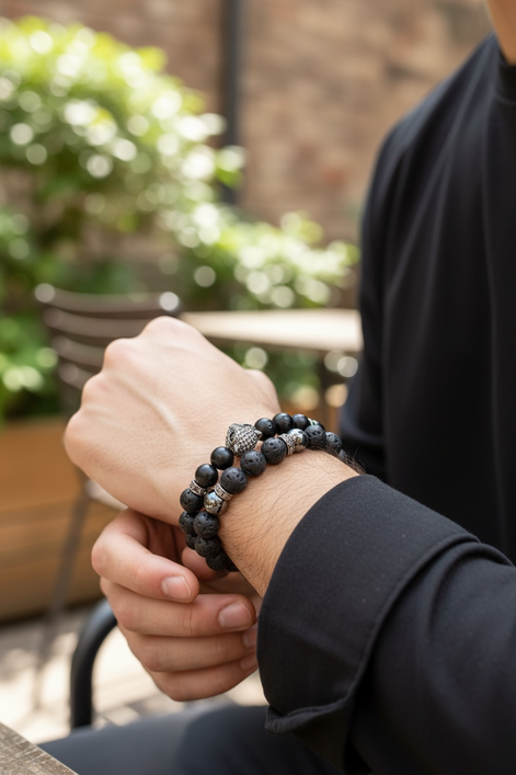 Black Obsidian Men's Bracelet with Leopard Head & Triple Protection