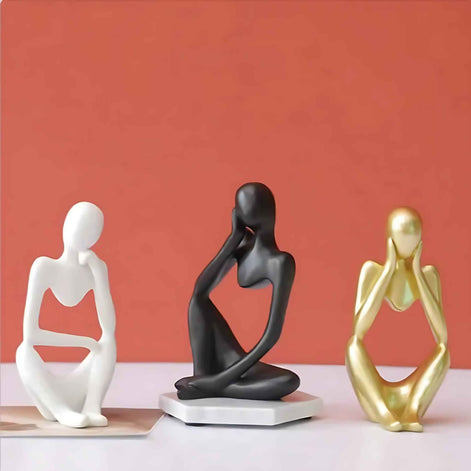 Abstract Thinker Resin Sculpture – Modern Minimalist Decorative Art in Black, White & Gold