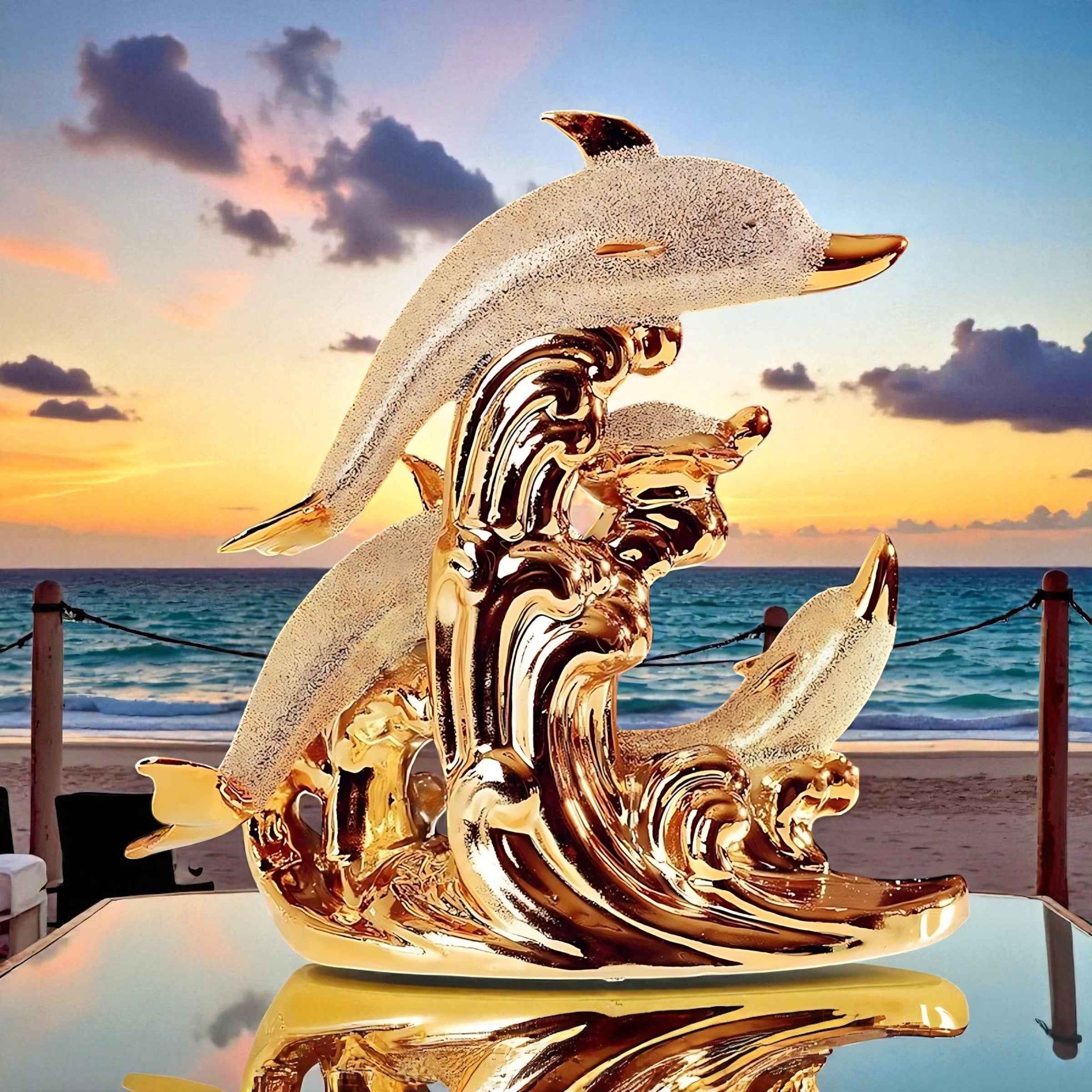 Sea Gold Decorative Sculpture | Nordic Ceramic Dolphin Statue | Elegant Modern Living Room Decor 31x31cm