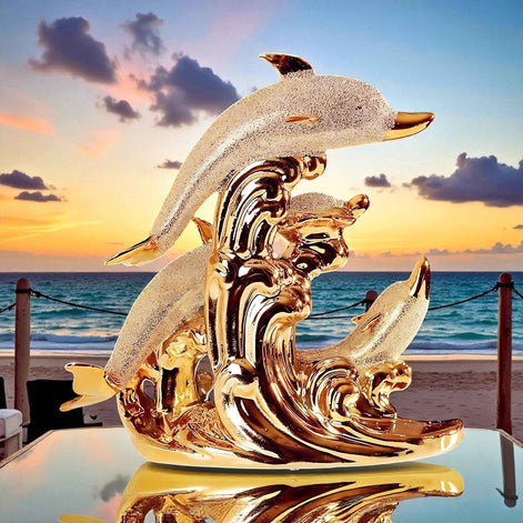Sea Gold Decorative Sculpture | Nordic Ceramic Dolphin Statue | Elegant Modern Living Room Decor 31x31cm
