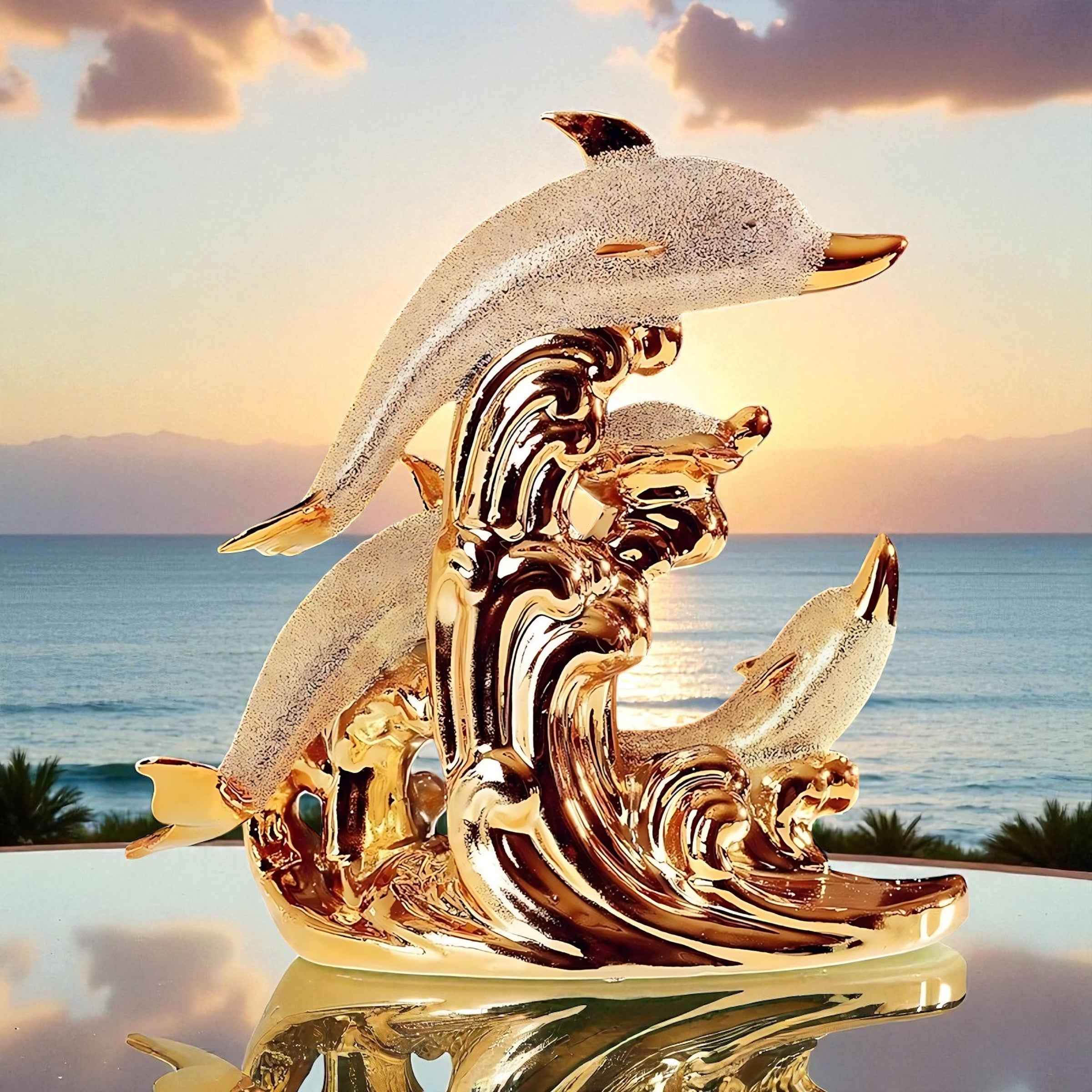 Sea Gold Decorative Sculpture | Nordic Ceramic Dolphin Statue | Elegant Modern Living Room Decor 31x31cm