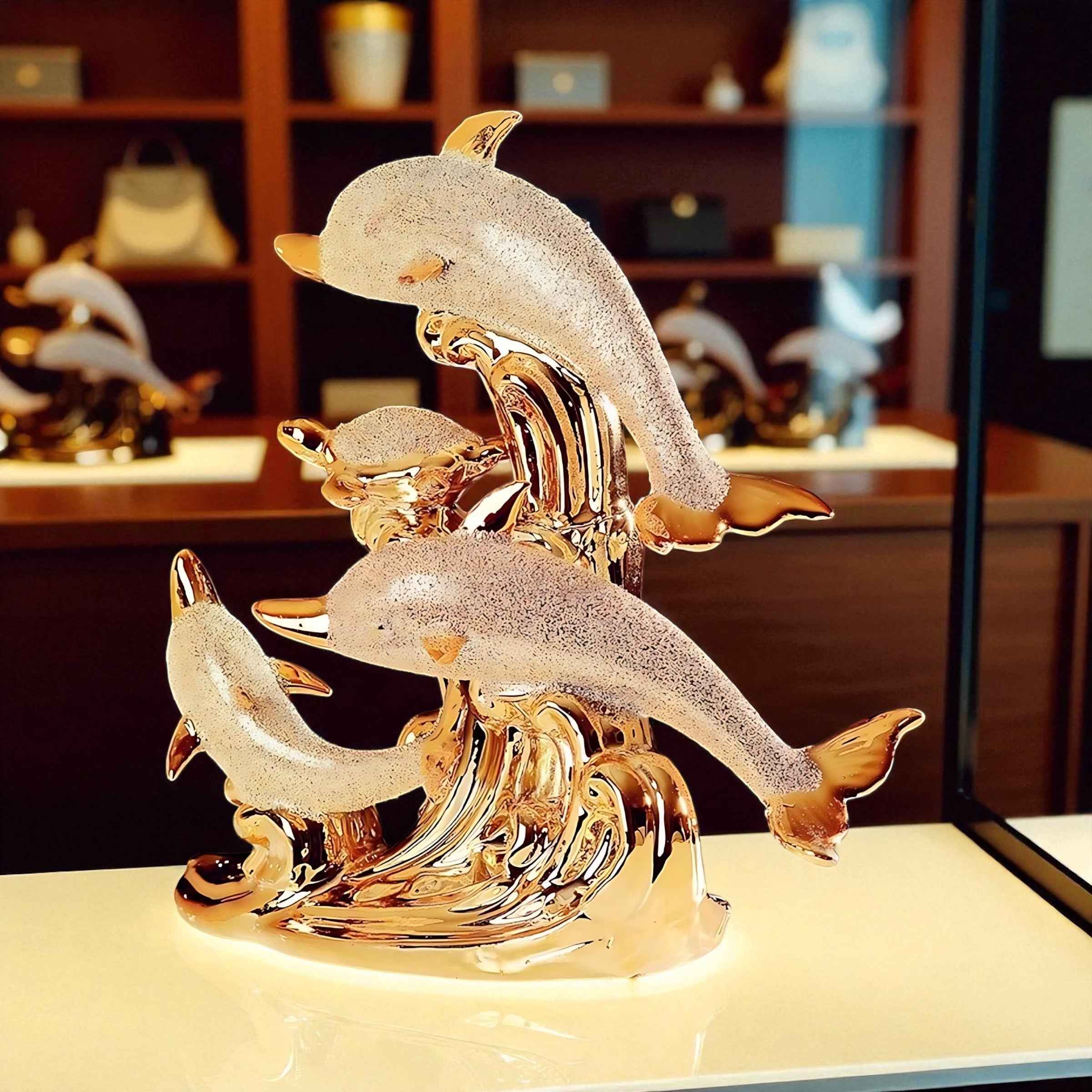 Sea Gold Decorative Sculpture | Nordic Ceramic Dolphin Statue | Elegant Modern Living Room Decor 31x31cm