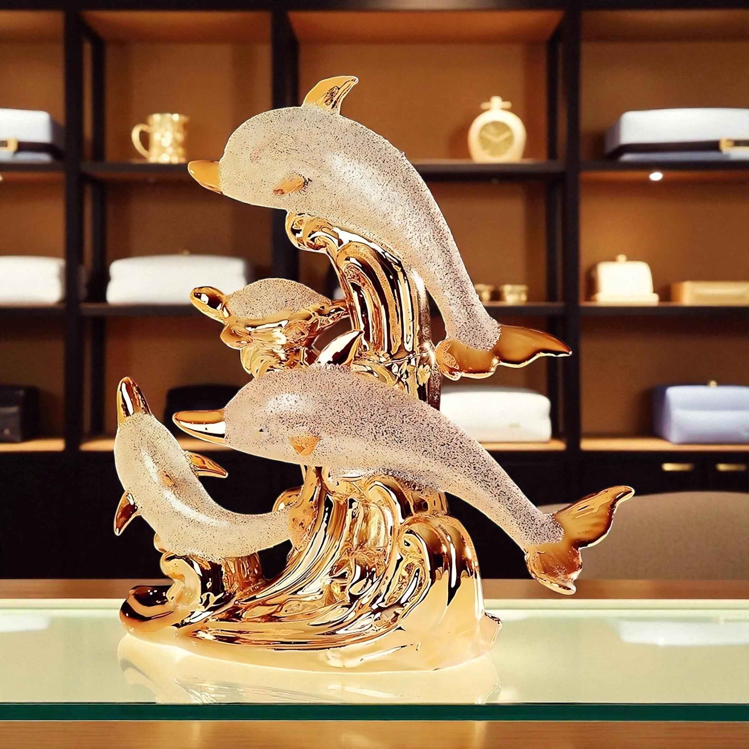 Sea Gold Decorative Sculpture | Nordic Ceramic Dolphin Statue | Elegant Modern Living Room Decor 31x31cm
