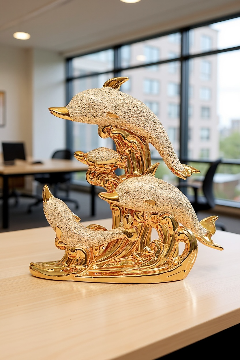 Sea Gold Decorative Sculpture | Nordic Ceramic Dolphin Statue | Elegant Modern Living Room Decor 31x31cm