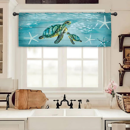 Miyotaa Turtle Ocean Sea Curtain Valance – Coastal Starfish Teal Window Treatment for Kitchen, Living Room, Bedroom, or Bathroom