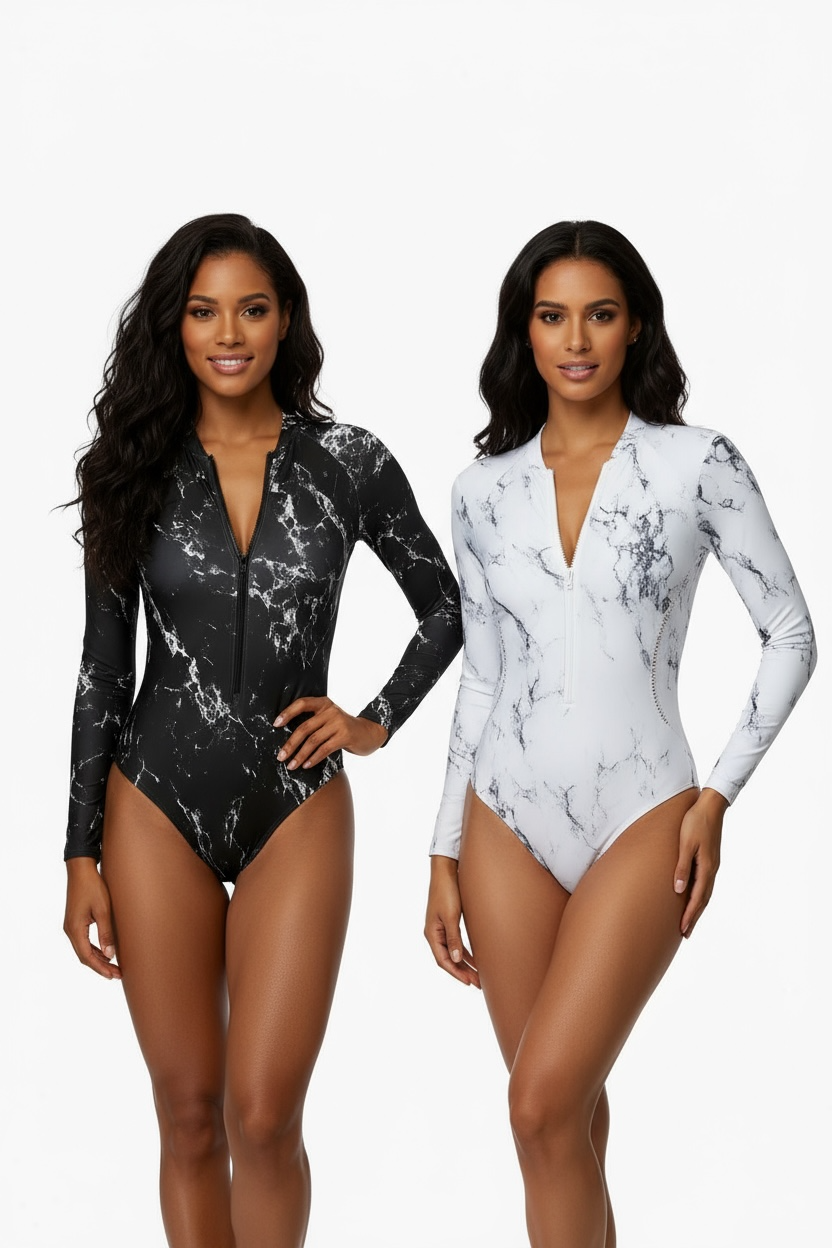 Surf Luxe Long Sleeve Zipper Swimsuit UV Protection Marble Black by Wave & Hang