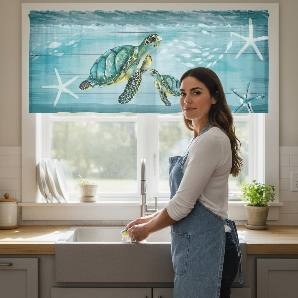 Miyotaa Coastal Turtle Valance - Vibrant Teal Window Decor by Wave & Hang