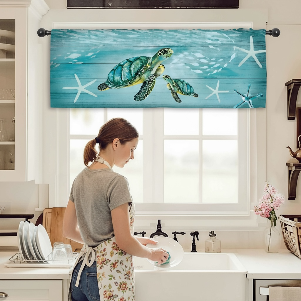 Miyotaa Coastal Turtle Valance - Vibrant Teal Window Decor by Wave & Hang