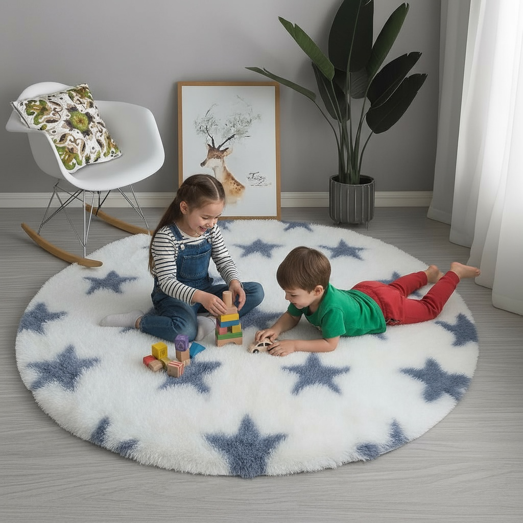 Fluffy Nordic Round Rug | Cozy Plush Carpet for Home Décor by Wave & Hang