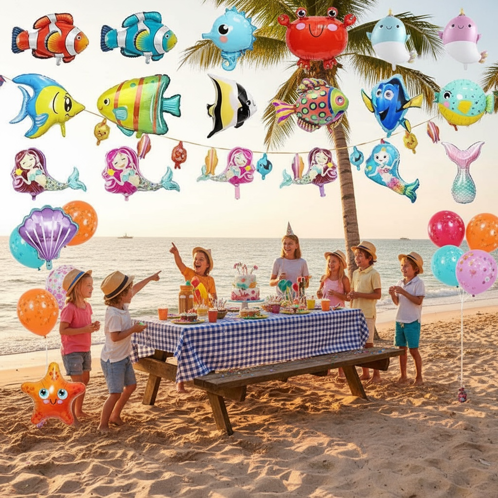 Children Mermaid Tail Inflatable Balloon Set For Ocean Theme Party Decor With Sea Life Details by Wave & Hang