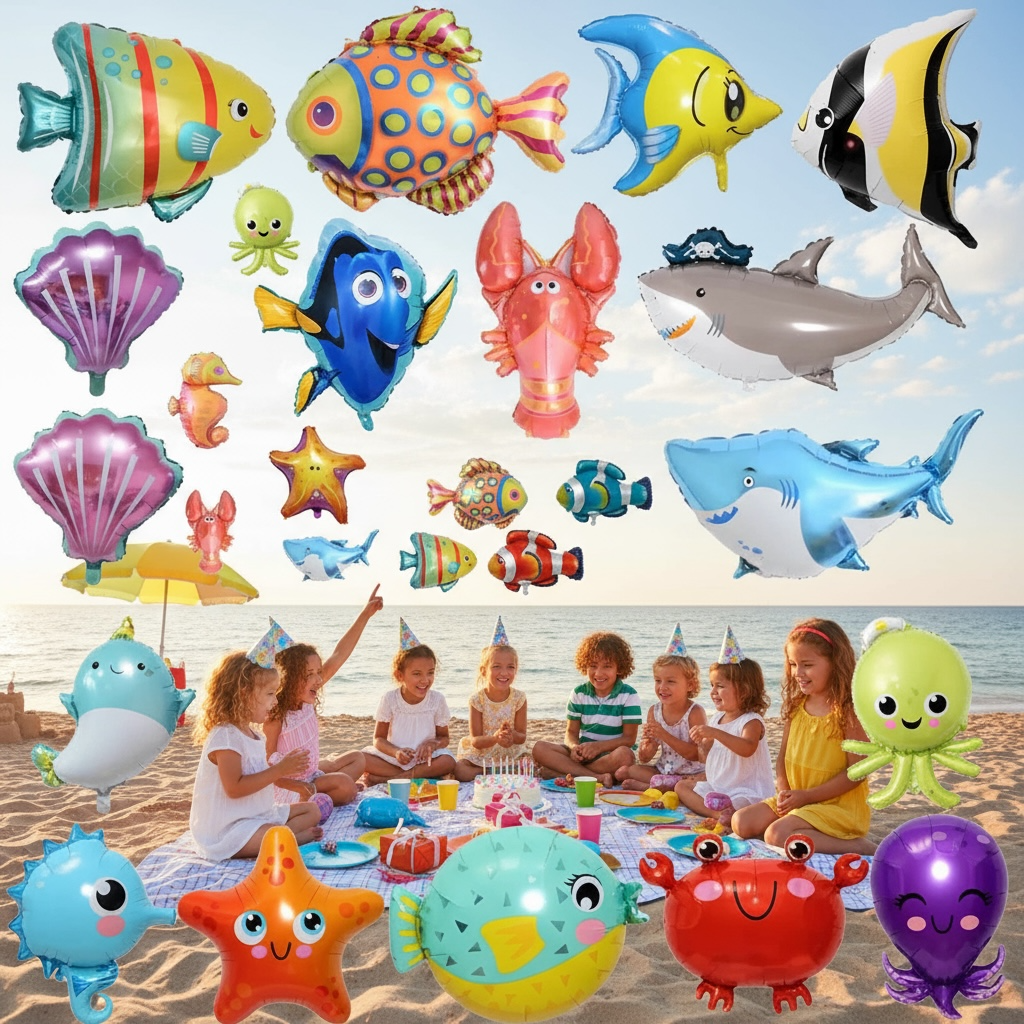 Children Mermaid Tail Inflatable Balloon Set For Ocean Theme Party Decor With Sea Life Details by Wave & Hang