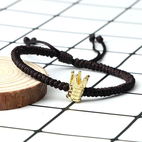 Luxury Braided Crown Bracelet – Adjustable Alloy Rope Bracelet with Diamond Detailing, Unisex Hand Rope for Men and Women (Black & Brown, Gold & Silver Accents)