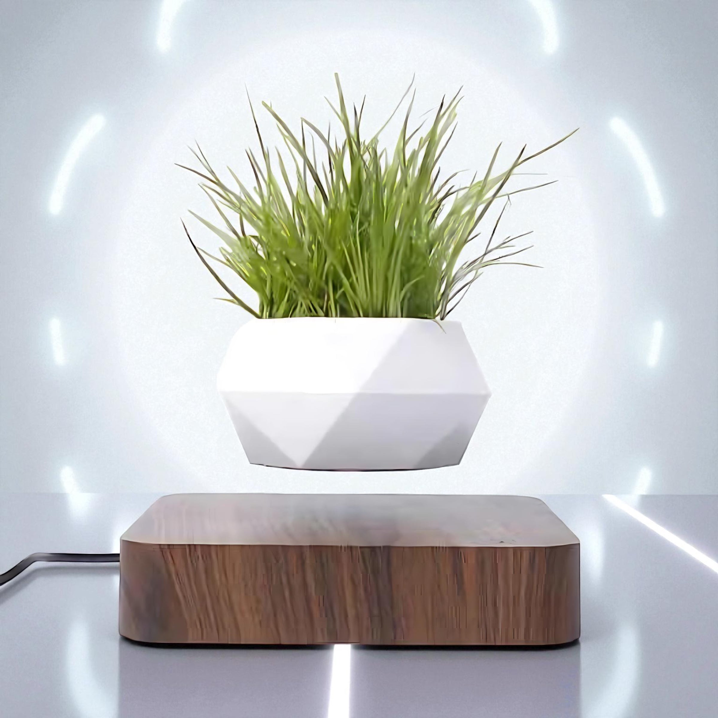 White geometric magnetic planter levitating with glowing LED background