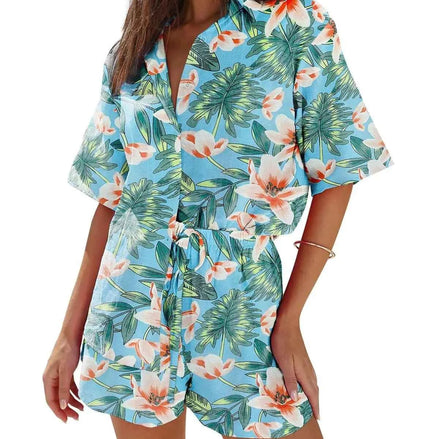 Brosloth Womens Shorts Sets 2 Piece Outfits Summer Lounge Sets Floral Tropical Blouse and Shorts for Beach Vacation Casual Blue L