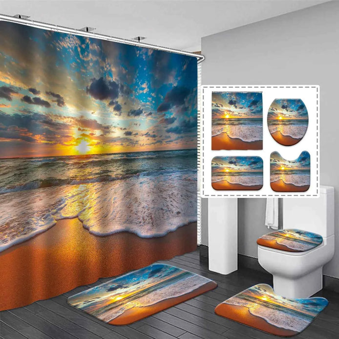 Sunset Beach Shower Curtain Set – 4-Piece Ocean Wave Bathroom Decor