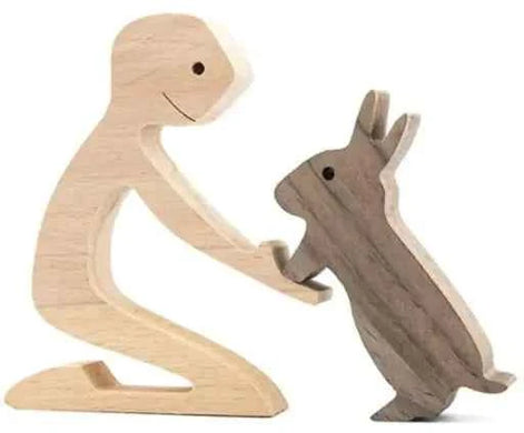 Wood Dog Sculpture – Handmade Wooden Figurine | Human & Dog Friendship Home Decor Gift for Pet Lovers