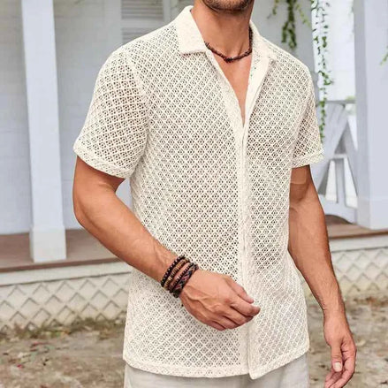 Men’s Summer Mesh Short Sleeve Shirt | Breathable See-Through Lapel Top for Beach, Vacation & Casual Wear