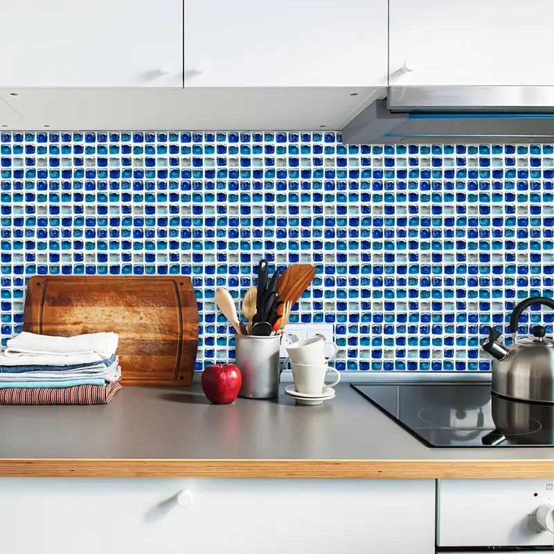10 Ocean Blue Removable Mosaic Tile Stickers – Waterproof Decorative Wall Tiles for Kitchen, Bathroom, and Home Renovation (Set of 10)