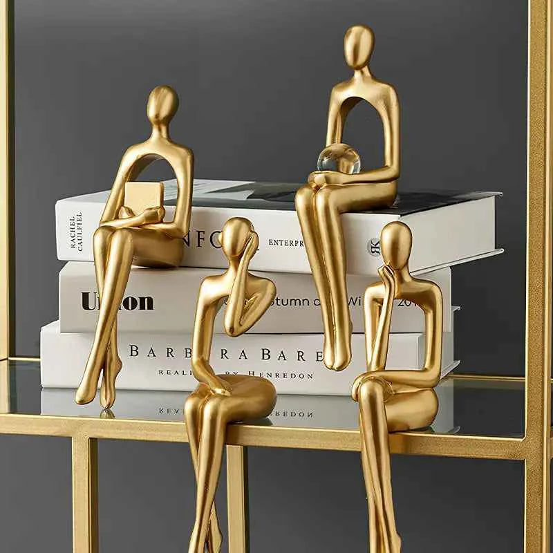 Golden Abstract Sculpture – Modern Resin Sitting Figurine for Home & Office Decor