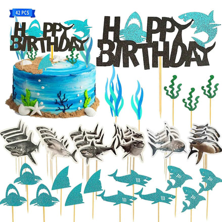 Wootkey 42pcs Shark Cupcake Toppers Set – Glitter Shark Fin & Happy Birthday Cake Topper Under the Sea Ocean Theme for Baby Shower, Kids Birthday, and Shark Party Decorations