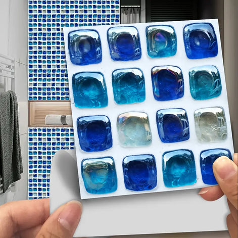 10 Ocean Blue Removable Mosaic Tile Stickers – Waterproof Decorative Wall Tiles for Kitchen, Bathroom, and Home Renovation (Set of 10)