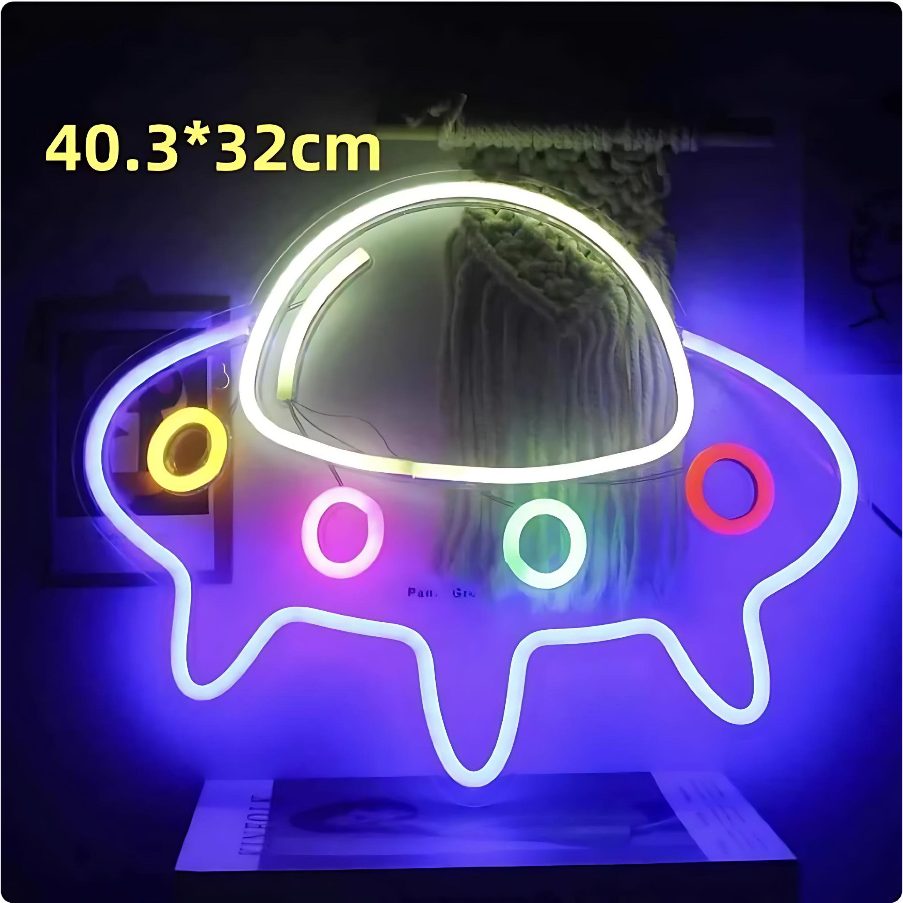 Neon light shaped like a round UFO with colorful LED lights