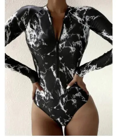Surf Luxe – Long Sleeve Zipper Swimsuit (UV Protection One-Piece) (Available in Marble Black & Ocean White)