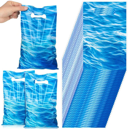 Sweetude 50 Pcs Ocean Waves Party Gift Bags – Blue Plastic Goodie Bags with Handles for Ocean, Pool & Beach Theme Birthday Party Favors