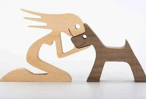Wood Dog Sculpture – Handmade Wooden Figurine | Human & Dog Friendship Home Decor Gift for Pet Lovers