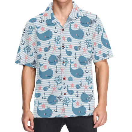 Men’s Hawaiian Whale Print Shirt | Quick Dry Blue Stripe Button-Down Aloha Beach Shirt – Summer Casual Top
