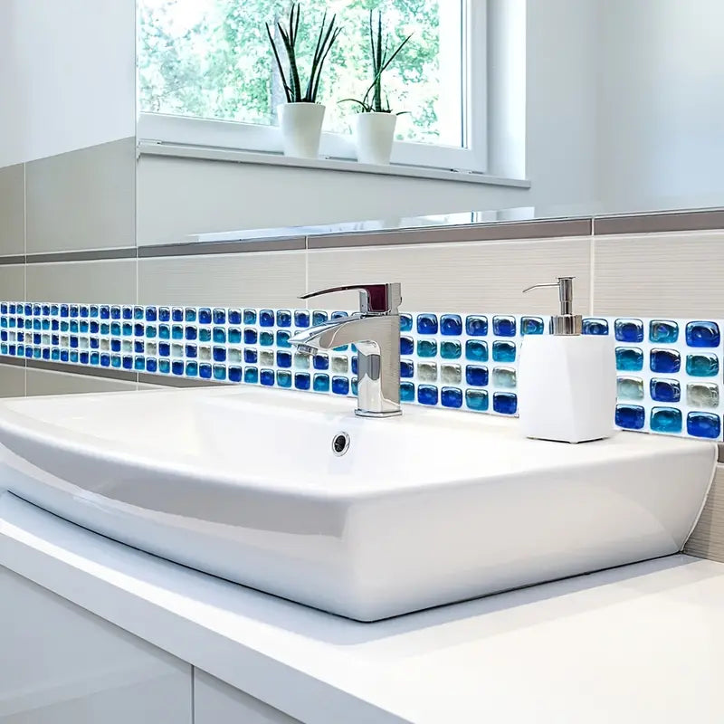 10 Ocean Blue Removable Mosaic Tile Stickers – Waterproof Decorative Wall Tiles for Kitchen, Bathroom, and Home Renovation (Set of 10)