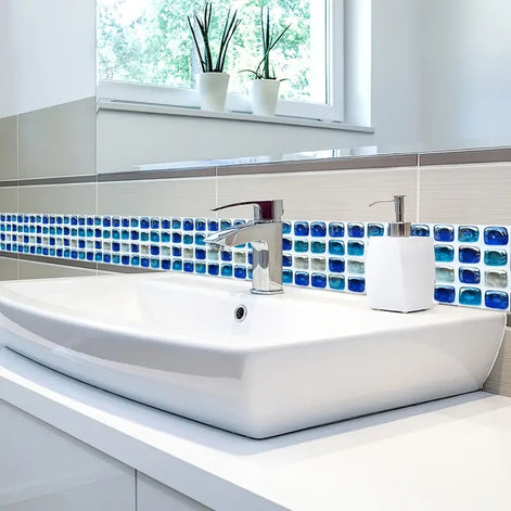 10 Ocean Blue Removable Mosaic Tile Stickers – Waterproof Decorative Wall Tiles for Kitchen, Bathroom, and Home Renovation (Set of 10)