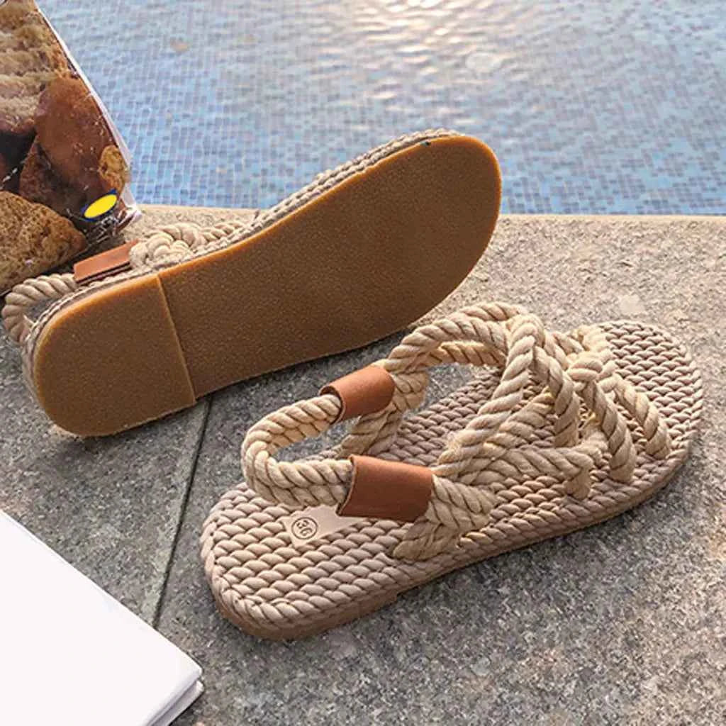 Woven Rope Women’s Sandals – Bohemian Casual Fashion Flats with Ankle Straps, Breathable Open-Toe Summer Sandals for Beach, Travel & Everyday Comfort (Black & Apricot)